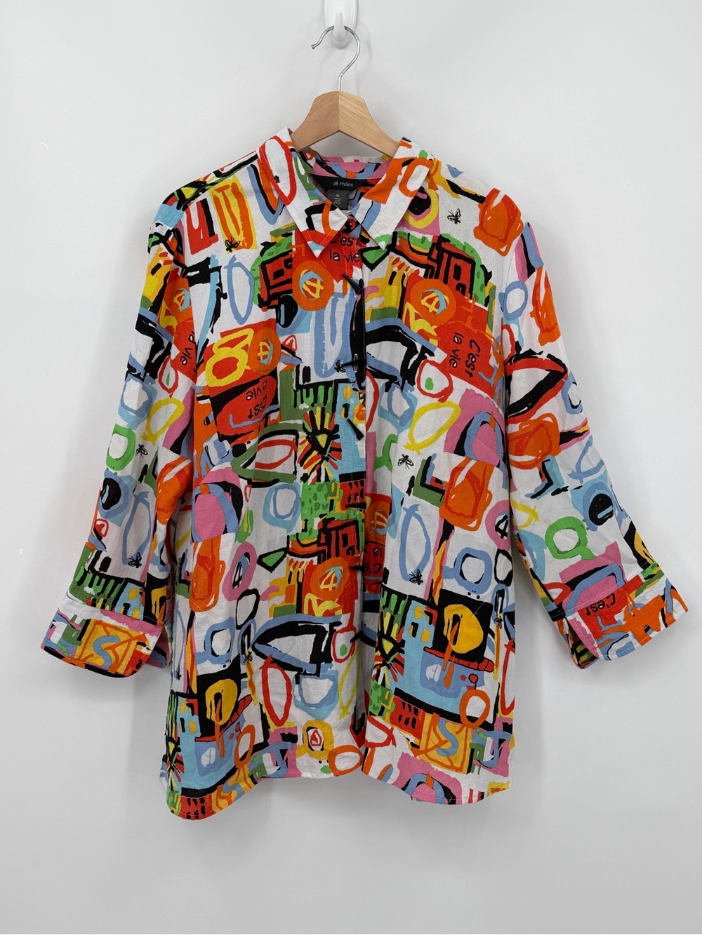 Ali Miles vibrant pop art 3/4 sleeve blouse with pockets zipper back artistic XL